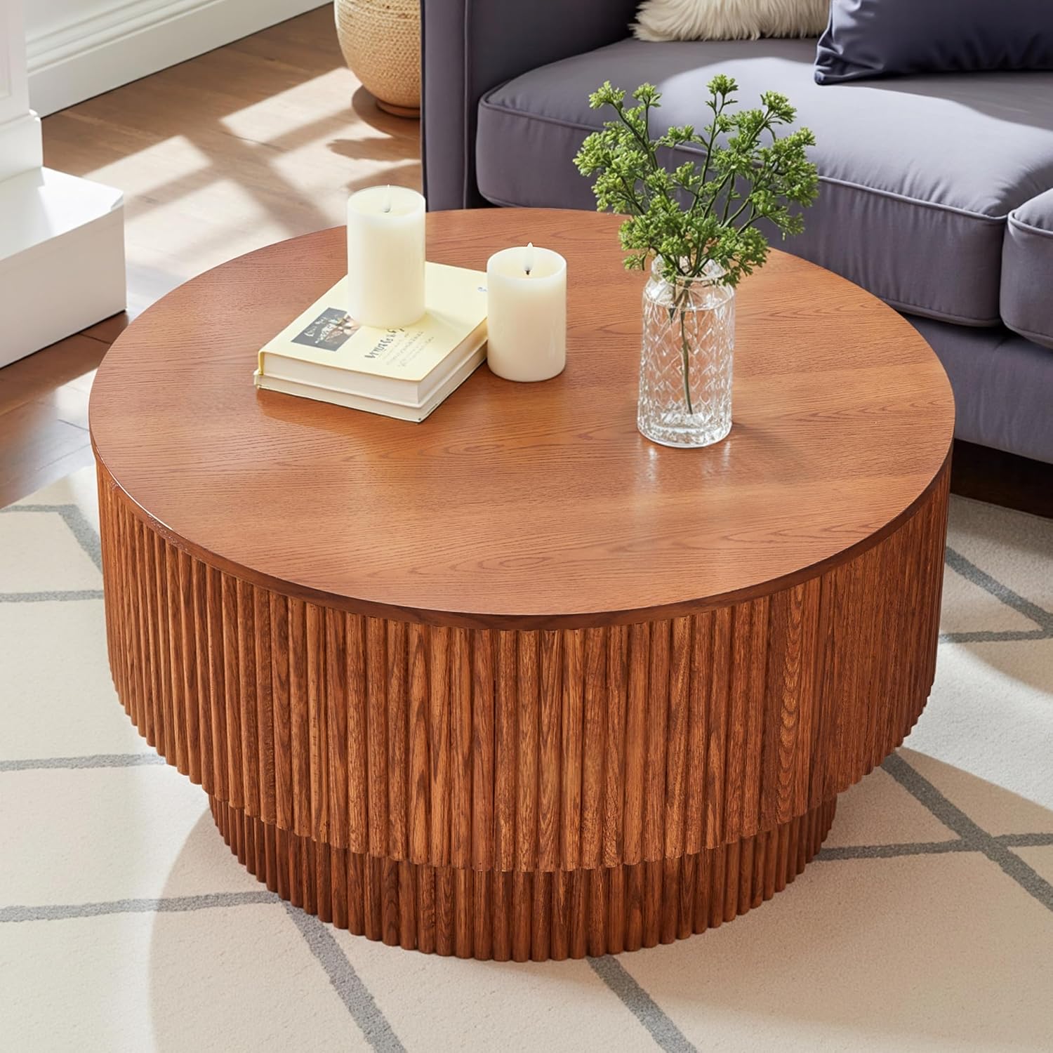 31.49' Wood Round Coffee Table for Living Room, Fluted Circle Coffee Table with Storage, Modern Handcraft Coffee Table for Apartment, Easy Assembly(Espresso, 31.49'x31.49'x15.74')