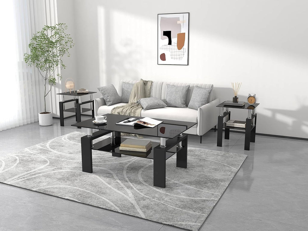 IANIYA 3 Piece Living Room Table Set, Modern Tempered Glass Coffee Table Set, Glass Coffee Table Black Metal Frame End Table for Living Room Apartment Small Space