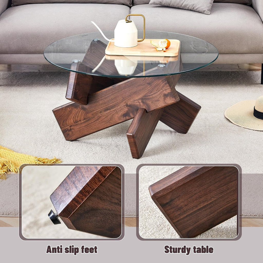 33.4'' Tempered Glass Round Coffee Table for Living Room, Modern Circle Coffee Table, Glass Tabletop & Wood Base, Easy Assembly, Walnut