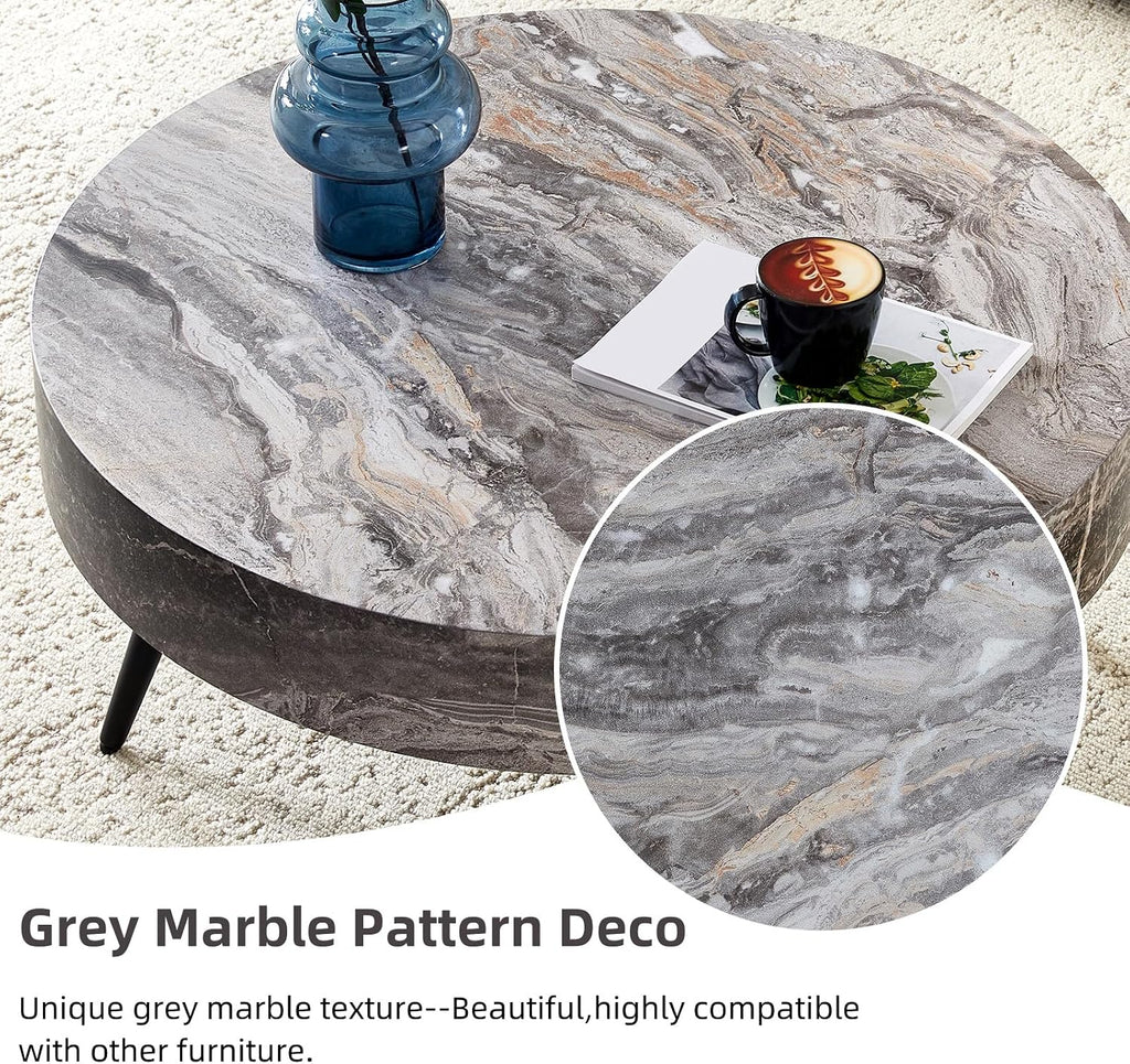 Round Coffee Table, Small Wood Marble Coffee Table with Storage, Modern Mid Century Circle Tables Accent Center Tables for Living Room Apartment Small Space (31.5''D-Marble Grey)