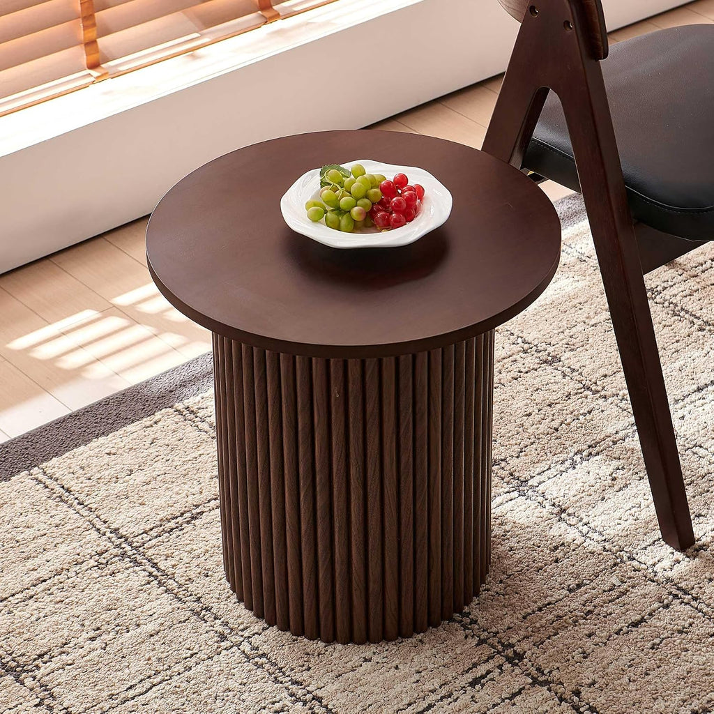 19 Inch Round End Table, Small Accent Pedestal Side Table, Wood Bedside Table for Living Room, Bedroom, Walnut Wood Veneer