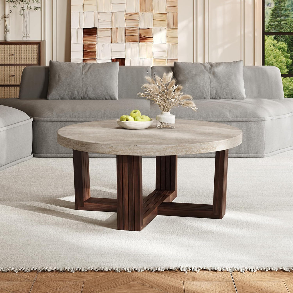 Christopher Knight Home Yone 31.5'' Modern Round Coffee Table for Living Room Furniture/Apartment, Side Table with Marble Pattern Top, Wooden End Table with Cross Metal Base, Brown + Beige