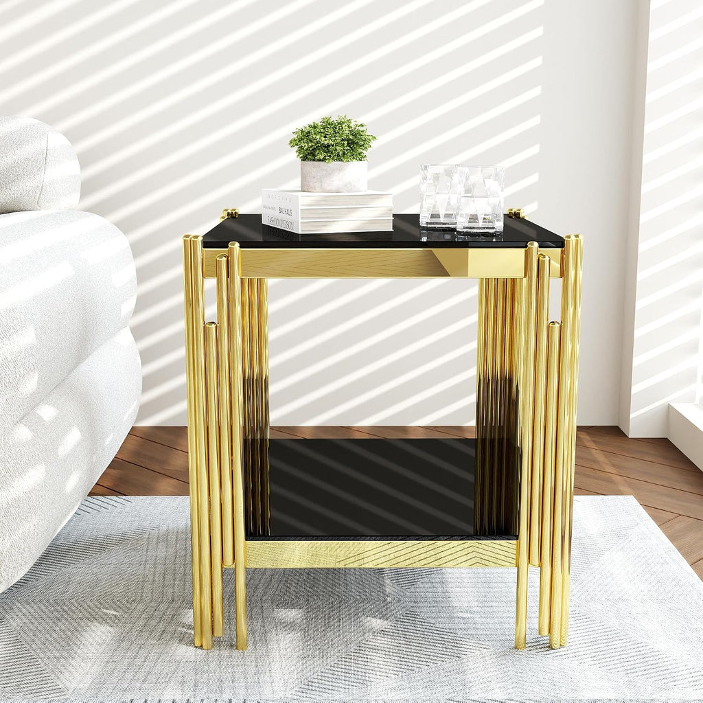 AF ARTISAN FURNITURE 2-Tier Glass End Table Modern Square Living Room Table Sofa Side Table, Stainless Steel Metal Leg Tempered Glass Small Corner Table, Black&Gold