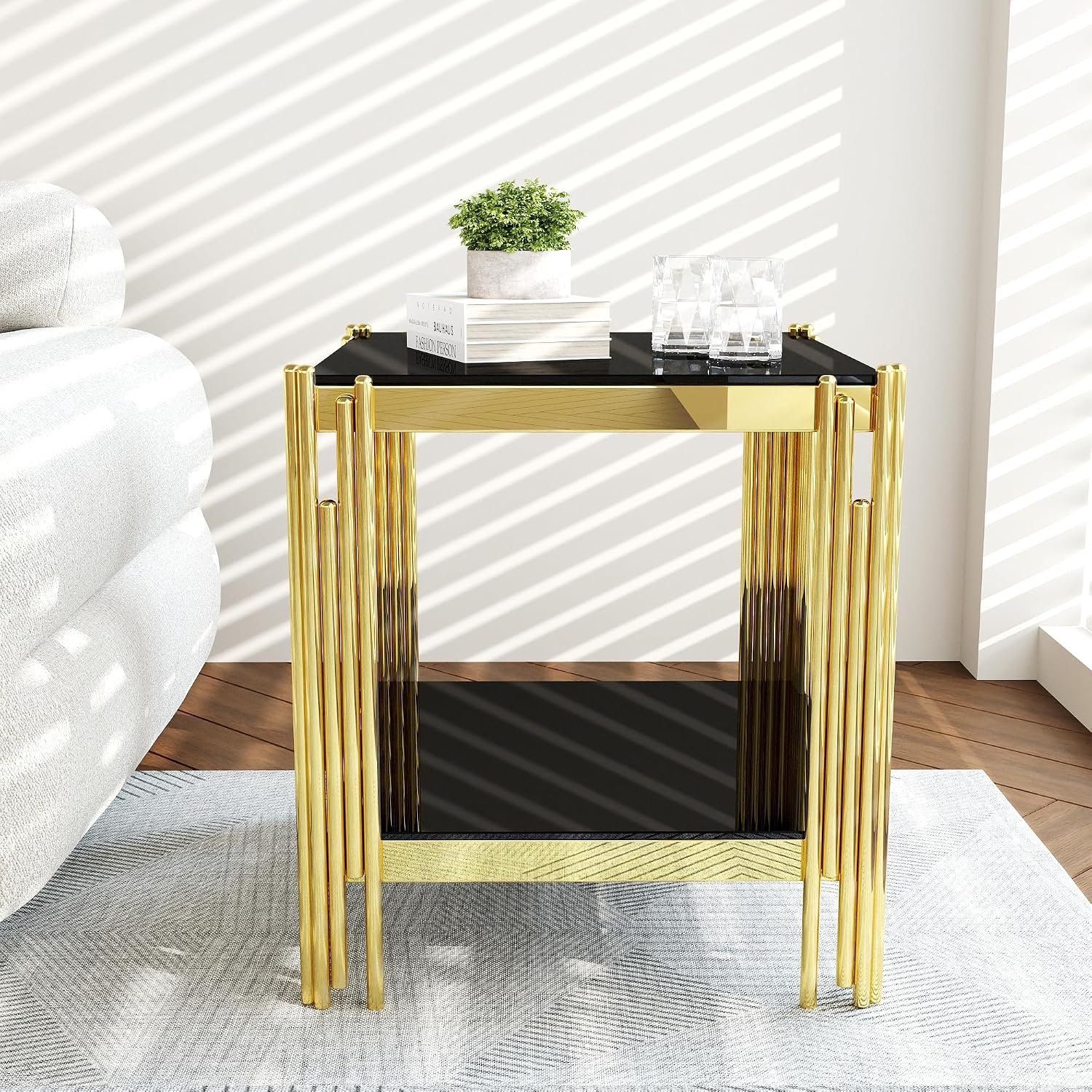 AF ARTISAN FURNITURE 2-Tier Glass End Table Modern Square Living Room Table Sofa Side Table, Stainless Steel Metal Leg Tempered Glass Small Corner Table, Black&Gold