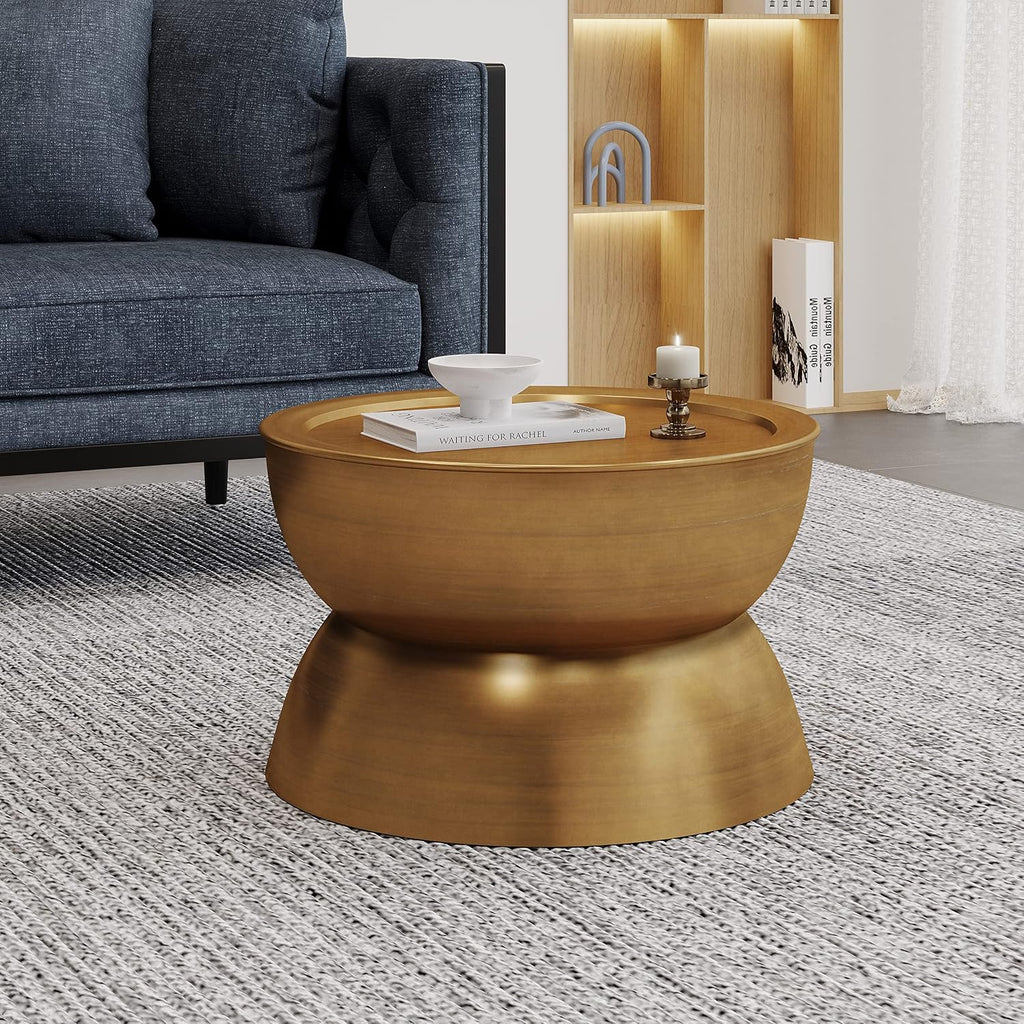 Merax Metal Hammered Coffee Table 24.25' Round Tabletop, Modern Iron Hourglass Coffee Table for Living Room, No Assembly Required, Bear 150lbs, Gold