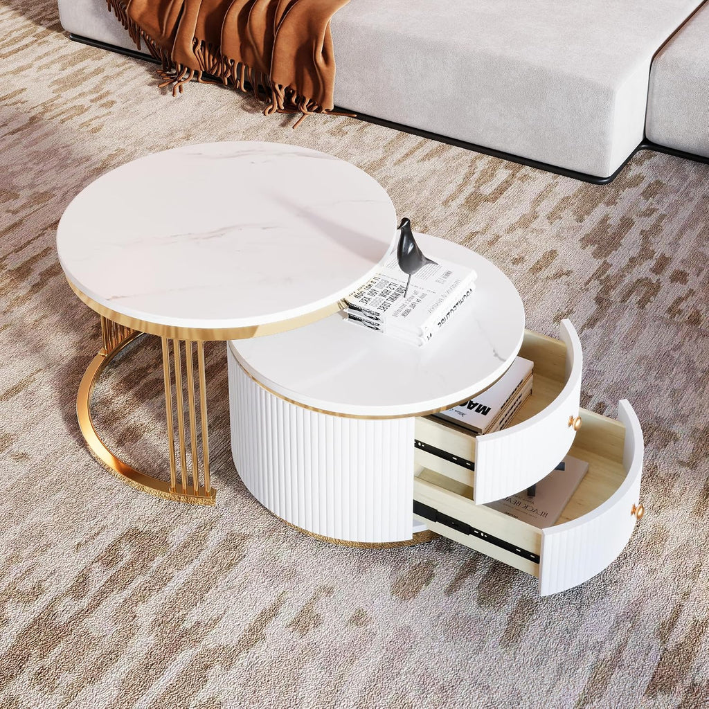 Merax 2 Pieces Modern Round Nesting Coffee Table with 2 Drawers, for Living Room, Small Space, Apartment, Gold+White