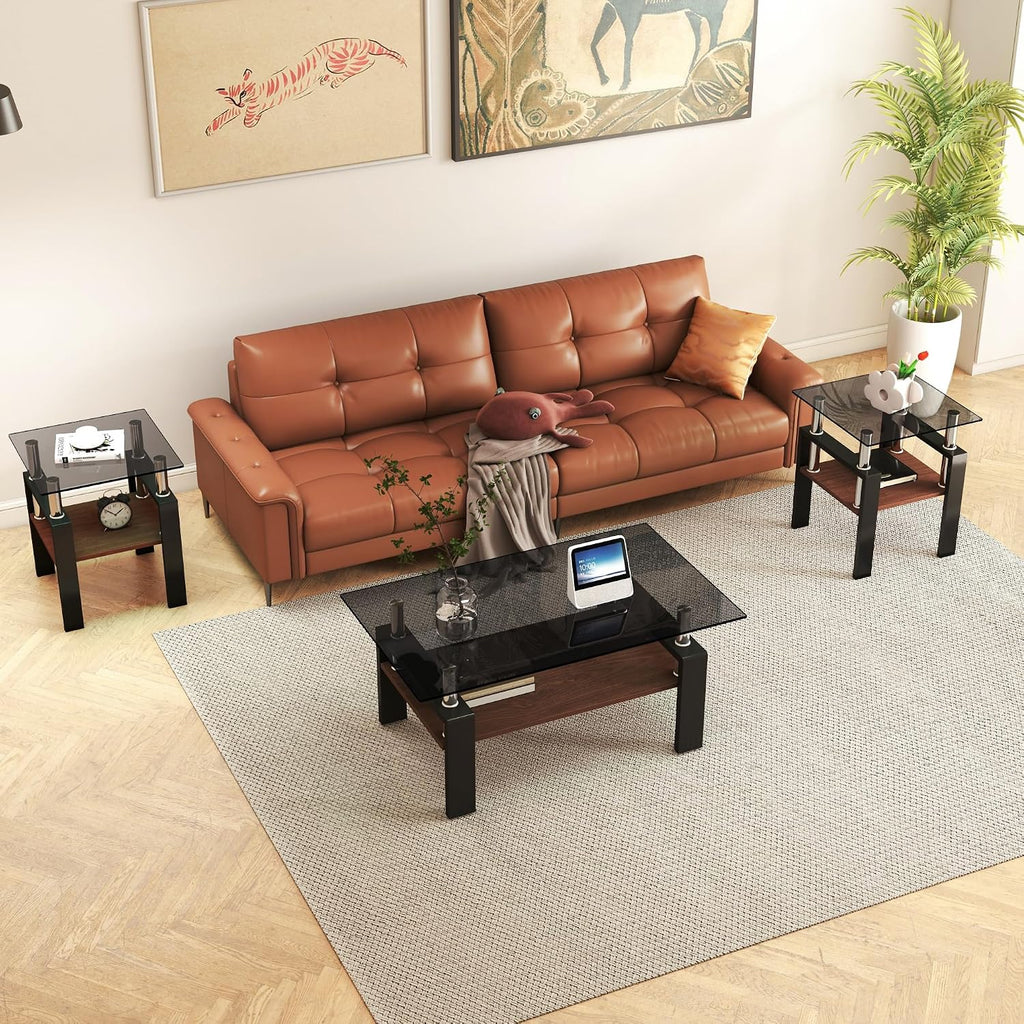 Modern Glass Coffee Table Set of 3 with Storage, Black End Tables with Metal Leg, Gray Rectangle Tempered Glass Center Table for Living Room Furniture