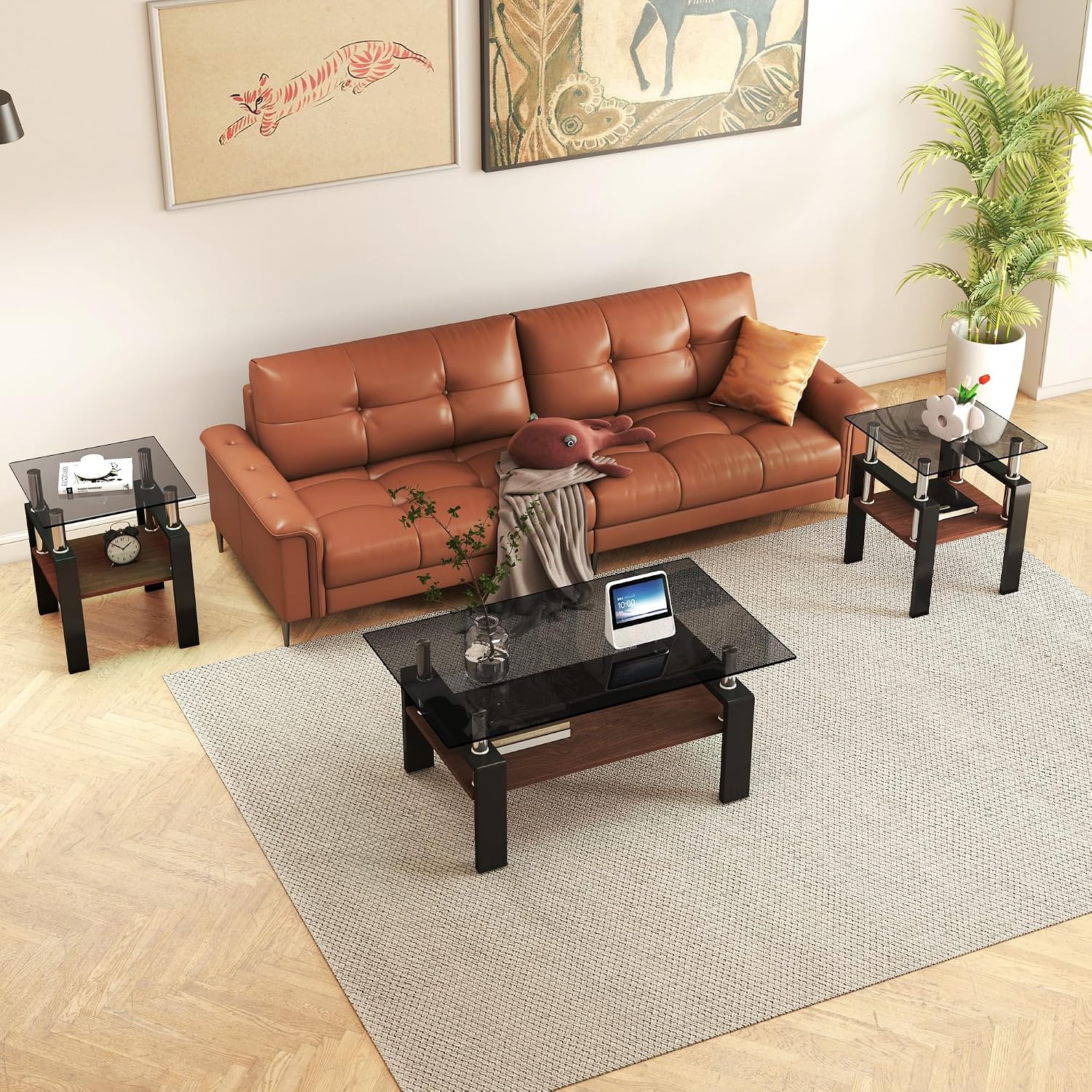 Modern Glass Coffee Table Set of 3 with Storage, Black End Tables with Metal Leg, Gray Rectangle Tempered Glass Center Table for Living Room Furniture