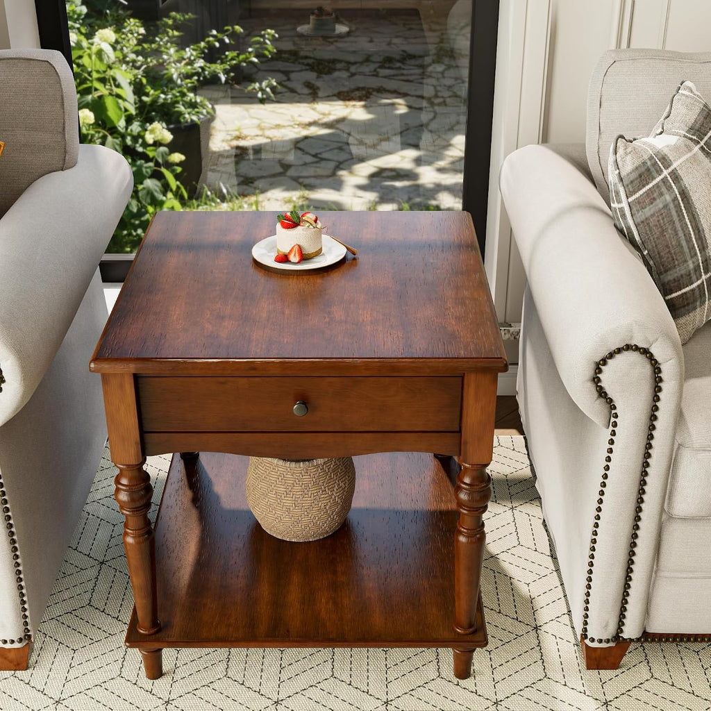 Large End Table with Drawer and Storage Shelf, Solid Wood Sofa Side Table, Slim Beside Table,Telephone for Small Spaces, Living Room, 22.8'L x 22.8'W x 24'H ,No-Tools Assembly,Caramel Brown CJZC008DR