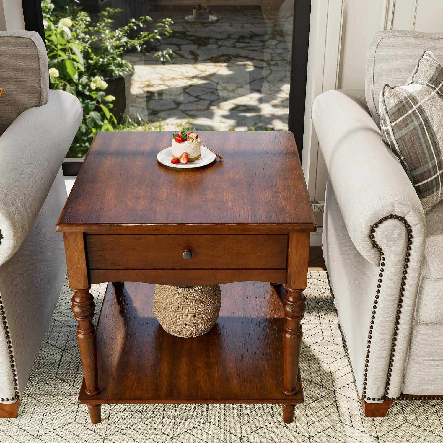 Large End Table with Drawer and Storage Shelf, Solid Wood Sofa Side Table, Slim Beside Table,Telephone for Small Spaces, Living Room, 22.8'L x 22.8'W x 24'H ,No-Tools Assembly,Caramel Brown CJZC008DR