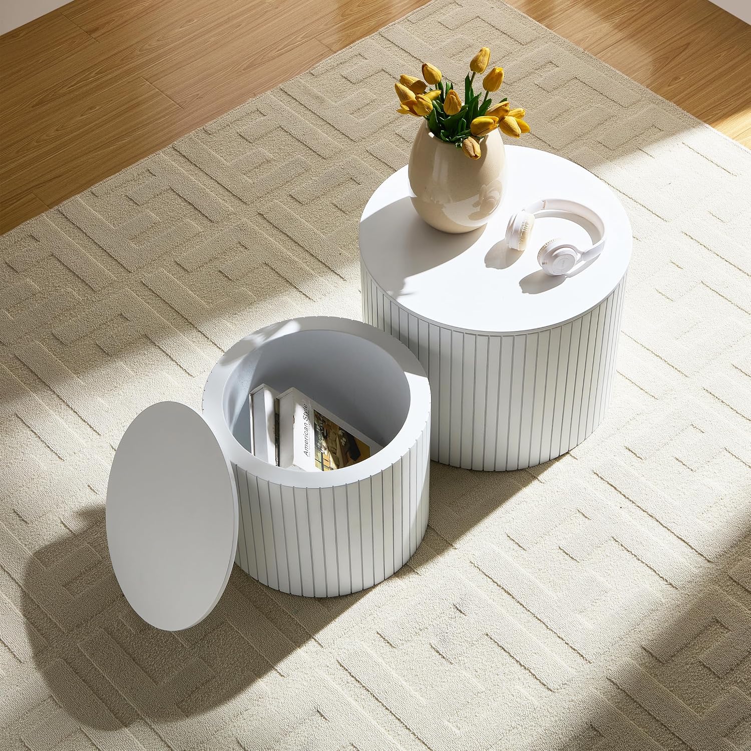 Nesting Coffee Table Set of 2, 19.17' Round Coffee Tables with Storage, Modern End Table for Living Room,Side Table for Apartment,Office,Dorm(White)