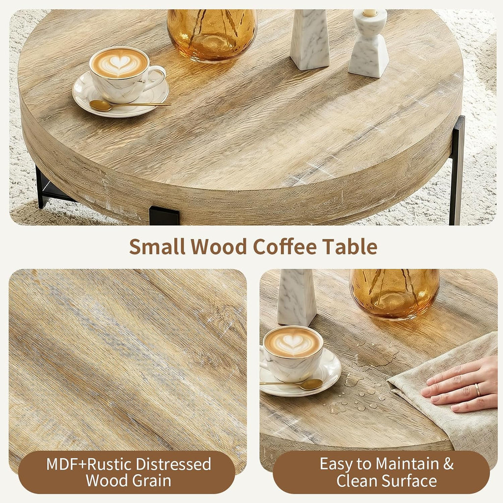 Round Coffee Table, Small Wood Coffee Table with Storage, Modern Rustic Distressed Wood Grain Circle Tables Accent Center Tables for Living Room Apartment Small Space (31.5''D-Retro Natural)
