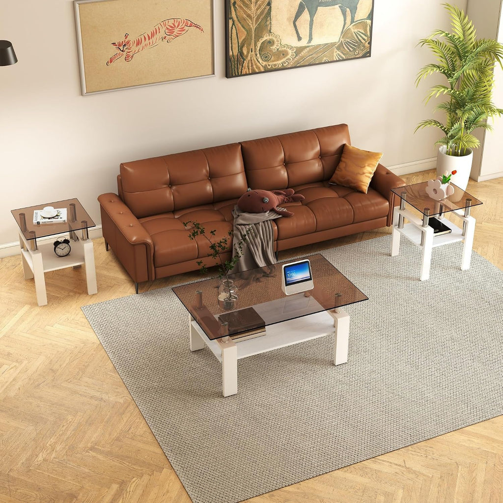 Glass Coffee Table Sets of 3 for Living Room, Mordern End Table Sofa Side Tables with Storage, White Metal Leg, Brown Glass Tabletop Rectangle Tempered Center Table Home Furniture Set