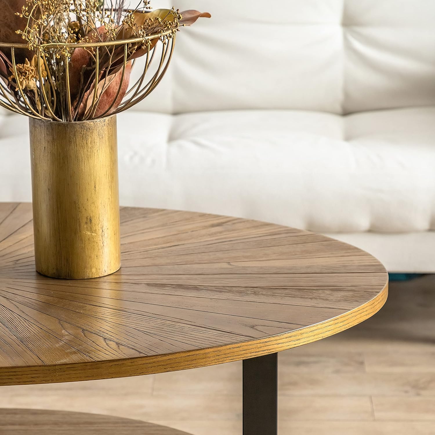 Wood Oval Coffee Table for Living Room, 2 Tier Circle Rustic Coffee Table with Storage Shelf ＆ Metal Legs for Apartment, Easy Assembly (Espresso,47' Dx30 Wx18 H)