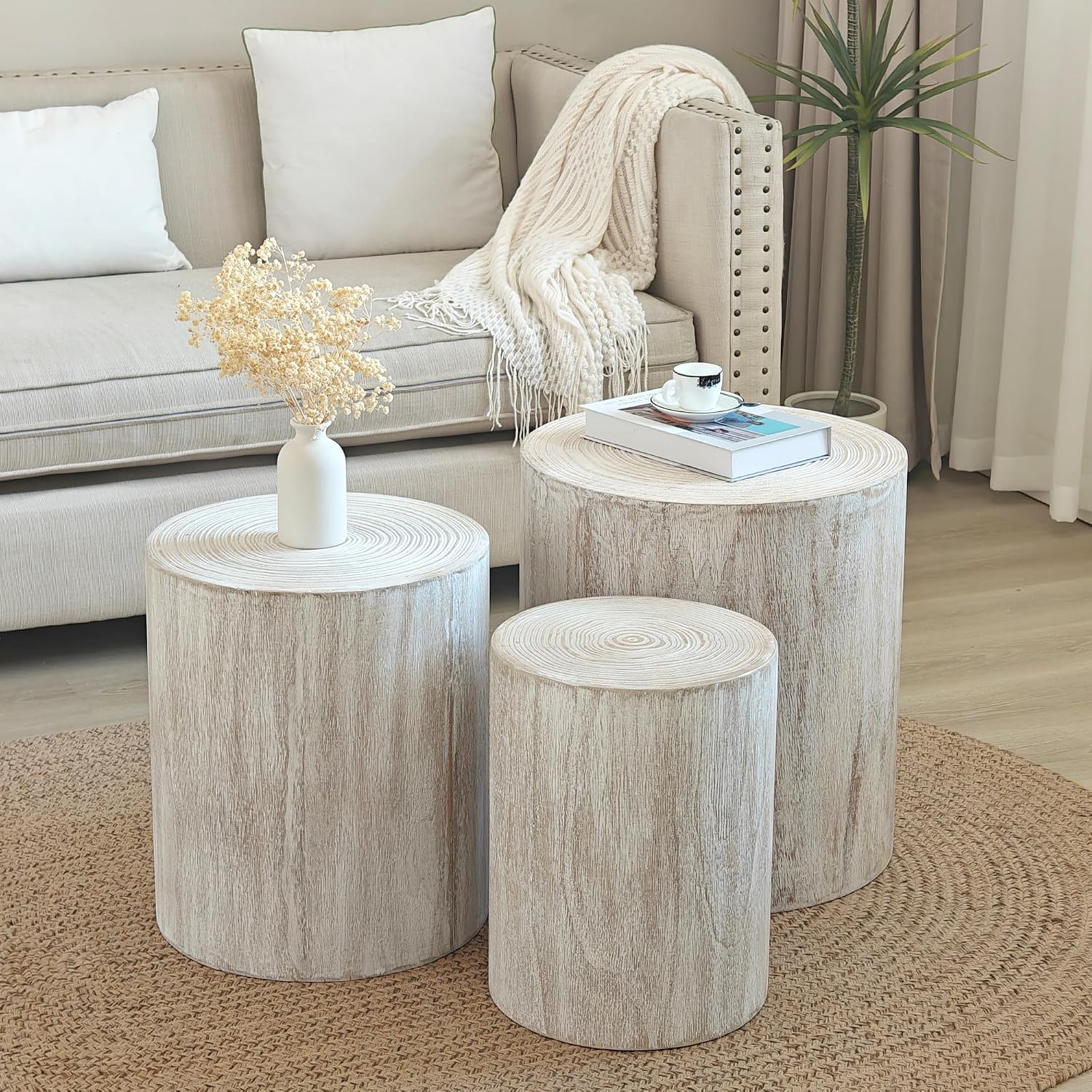 Wood Coffee Table Set of 3 for Living Room Round Wooden Coffee Tables with Clear and Visible Tree Rings - Antique White