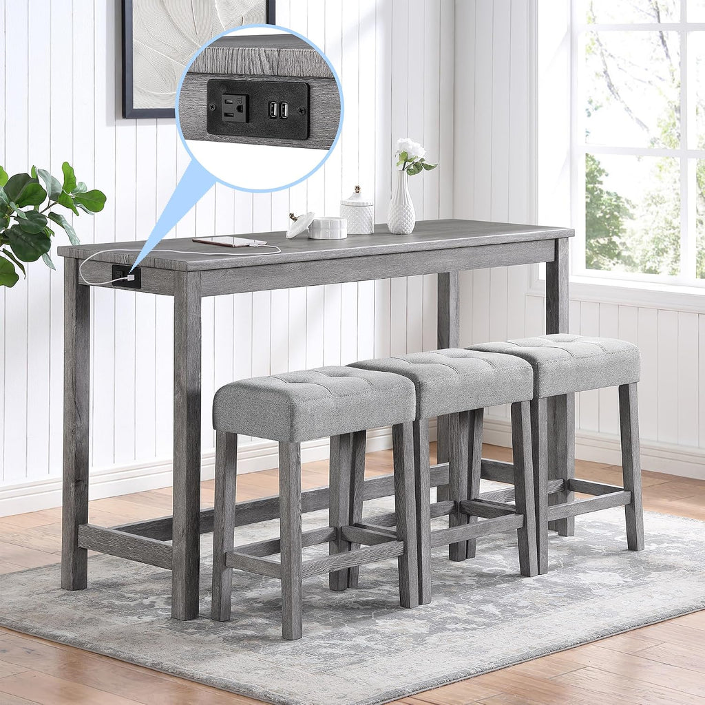 Merax 4 Piece Bar Table Set with Power Outlet,Industrial Breakfast Dining Table and Chairs Set with 3 Padded Stools,for Living Room,Game Room(Gray)