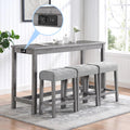Merax 4 Piece Bar Table Set with Power Outlet,Industrial Breakfast Dining Table and Chairs Set with 3 Padded Stools,for Living Room,Game Room(Gray)