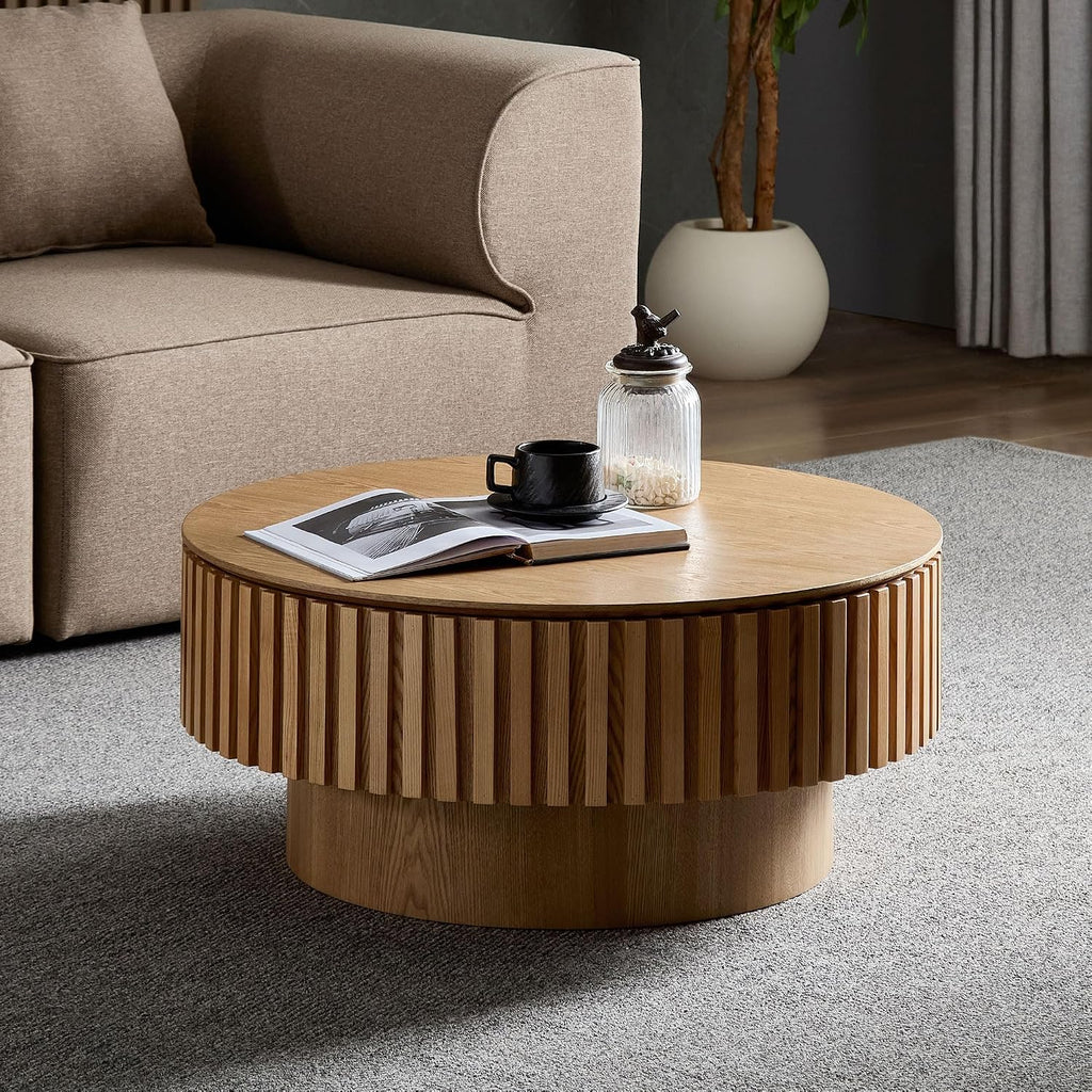 WILLIAMSPACE 31.49' Round Coffee Table with Storage for Living Room, Modern Circle Center Table with Solid Wood Veneered & Sturdy Pedestal, Accent End Tea Table for Apartment - Oak