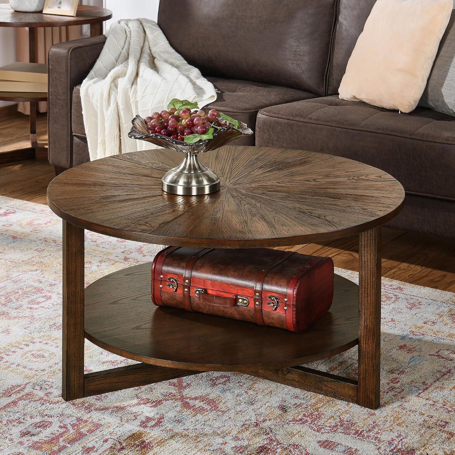 PADMA HOUSE 33.5' Round Wood Coffee Table, 2-Tier Solid Wood Rounded Circle Accent Coffee Table Center Cocktail Table Vintage Furniture for Home Living Room Bedroom,Espresso Brown 3338NC