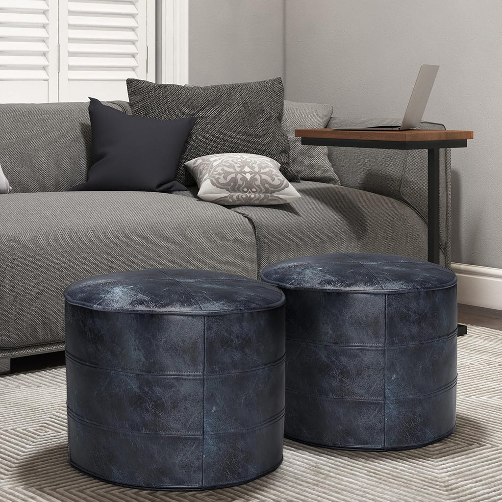 SIMPLIHOME Connor Round Pouf - 18 inch Wide Upholstered Genuine Leather Ottoman in Distressed Navy Blue, Boho Footstool or Extra Seating for Living Room or Bedroom with Polystyrene Filling, Assembled
