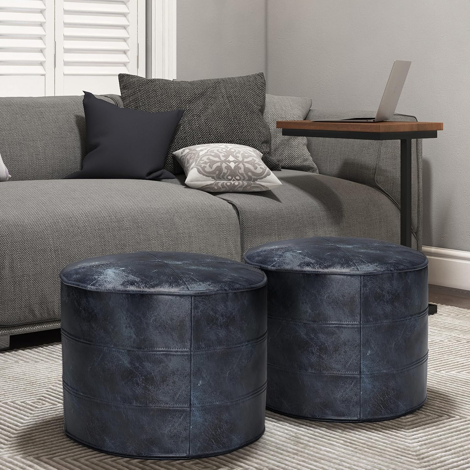 SIMPLIHOME Connor Round Pouf - 18 inch Wide Upholstered Genuine Leather Ottoman in Distressed Navy Blue, Boho Footstool or Extra Seating for Living Room or Bedroom with Polystyrene Filling, Assembled