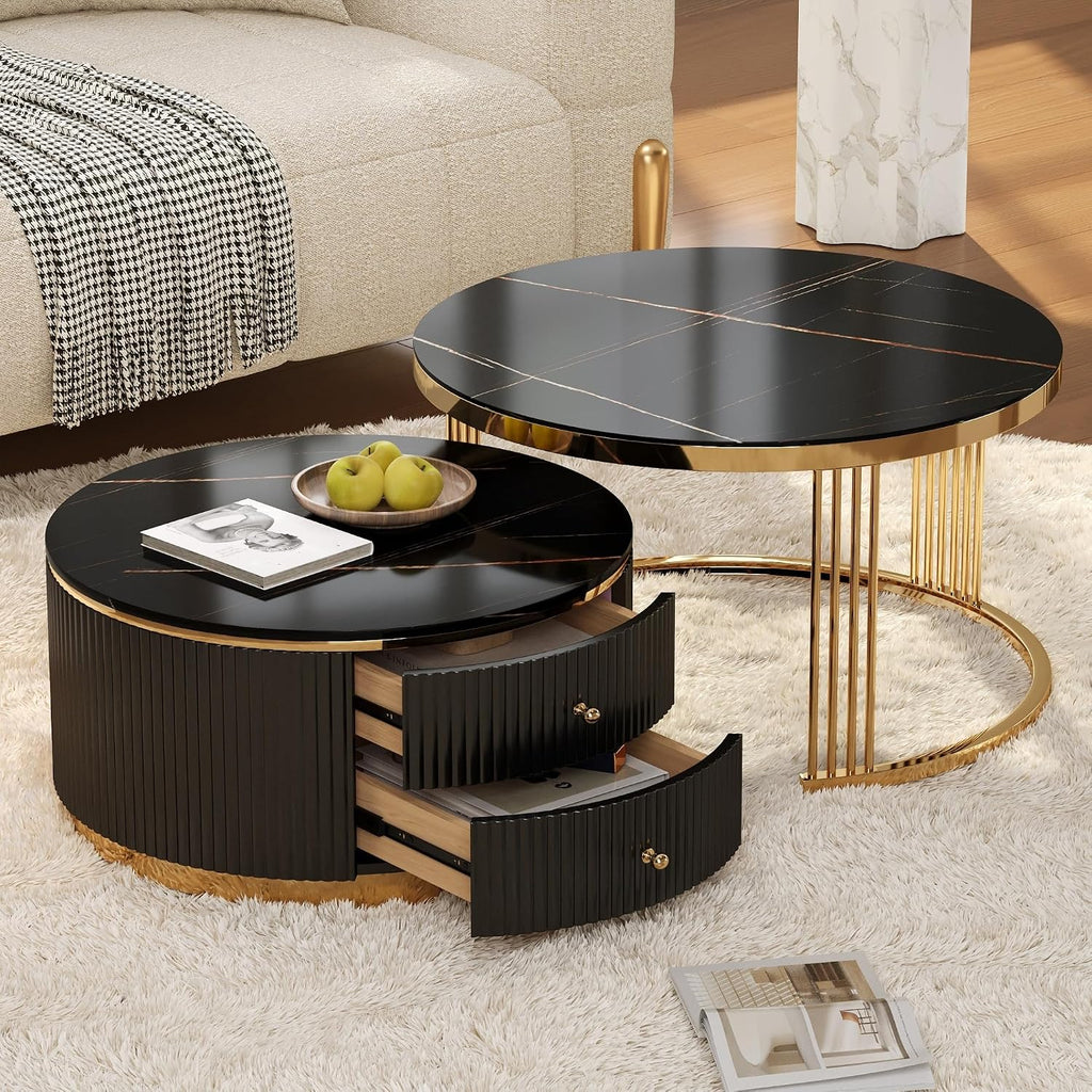Modern 2 Pieces Round Nesting Coffee Table with Drawers(Black,27.6'+23.6')