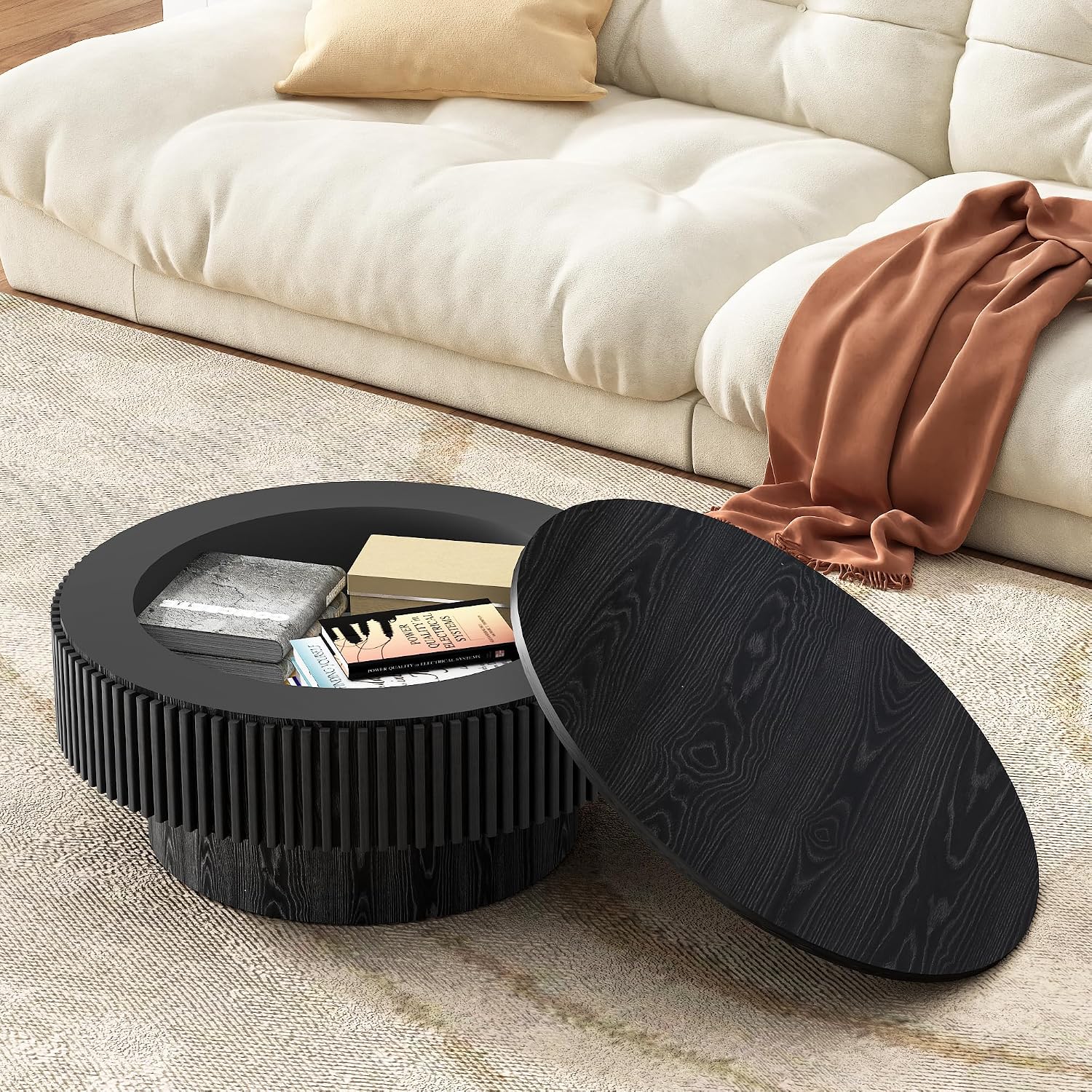 Round Coffee Table for Living Room,Fluted Drum Accent Tea Center Table with Storage,Circle Modern Coffee Tables for Small Space Office Apartment (31.5' L×31.5''W×14''H-Black)