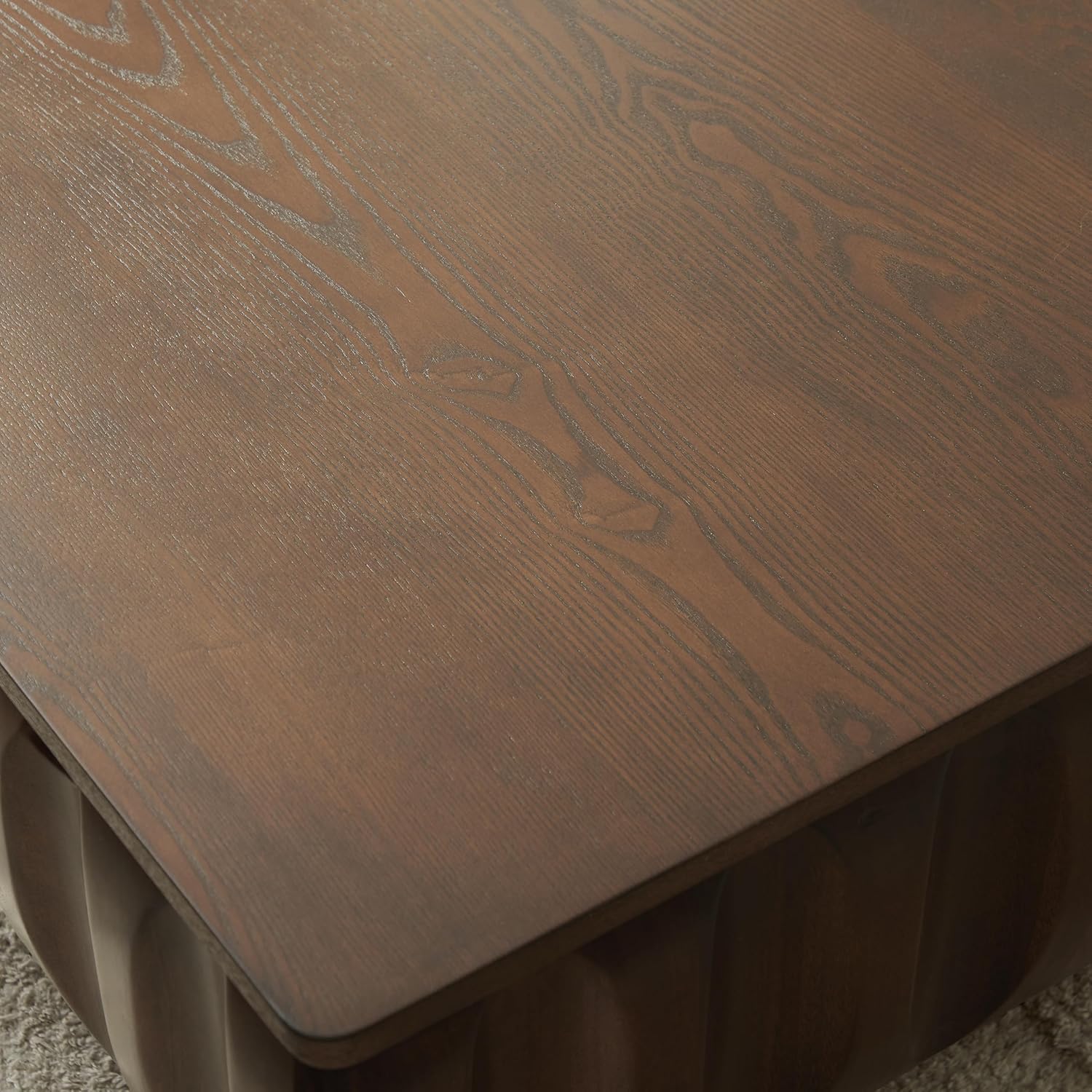 31.1'' Lift Top Coffee Table with Hidden Storage Space, Modern Drum Handcraft Wood Fluted Square Coffee Table for Living Room, Easy Assembly, Walnut