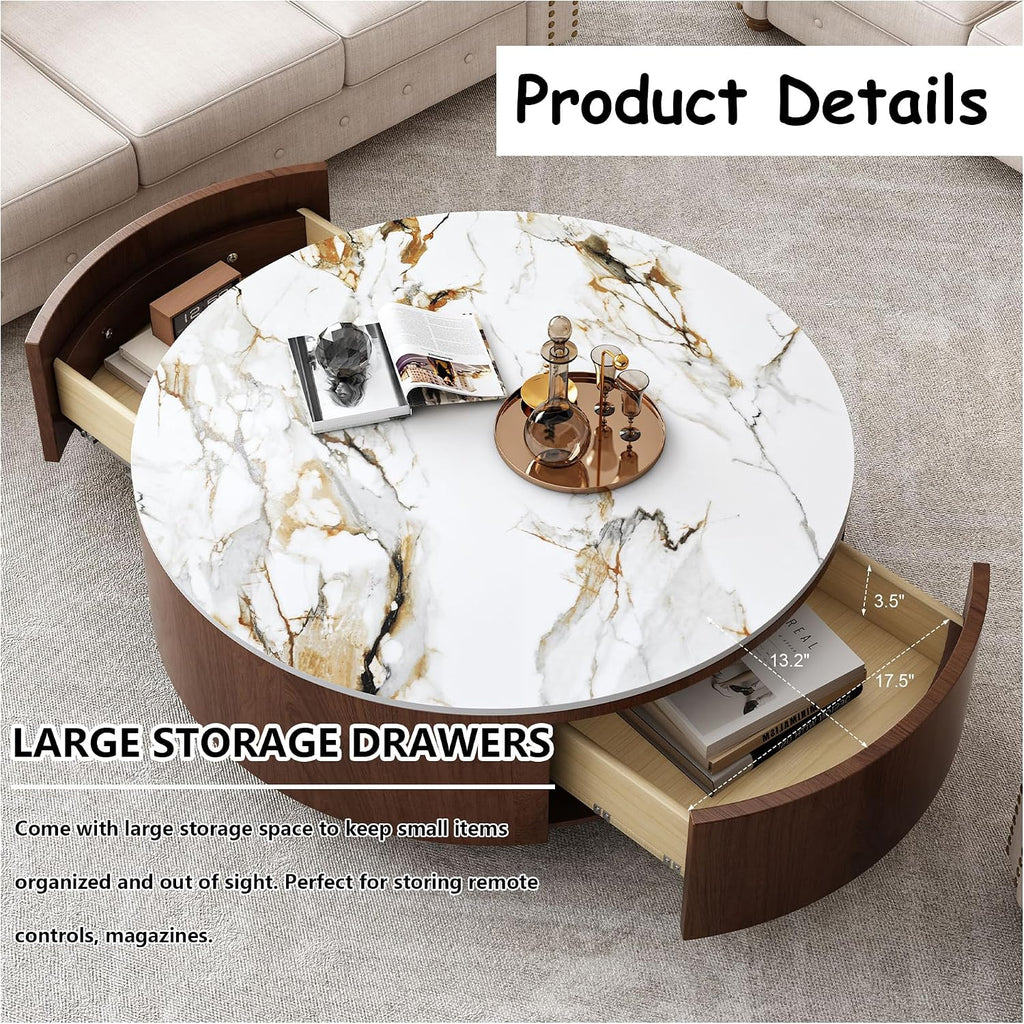 35' Round Coffee Table with Storage,Faux Marble Coffee Table with Drawers and Sintered Stone Top,Circle Coffee Table,Modern Center Tables for Living Room(Walnu,White)