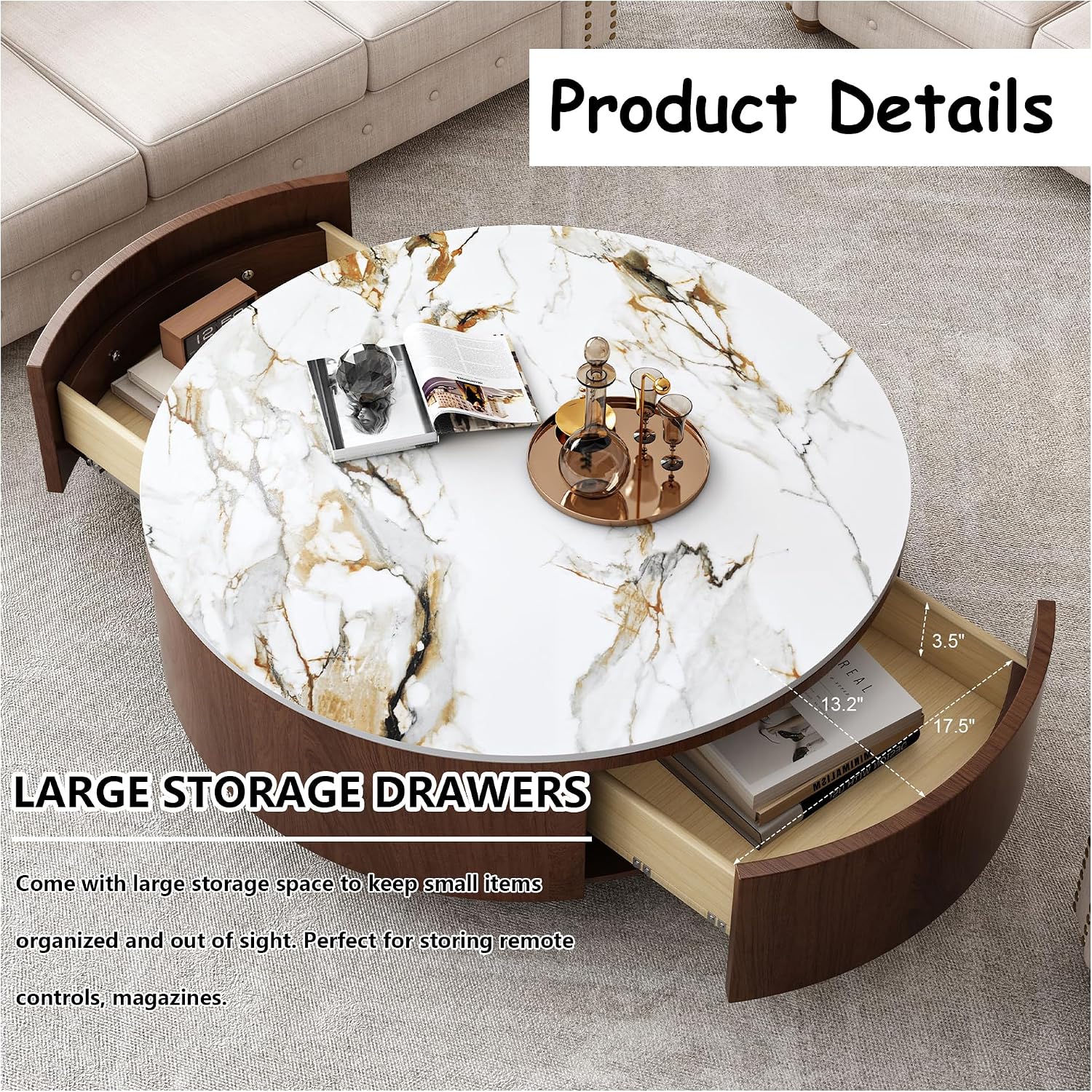 35' Round Coffee Table with Storage,Faux Marble Coffee Table with Drawers and Sintered Stone Top,Circle Coffee Table,Modern Center Tables for Living Room(Walnu,White)