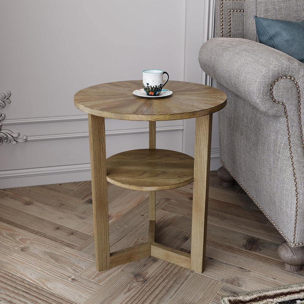 PADMA HOUSE 19.3' Round Wood End Table, 2-Tier Solid Wood Rounded Accent Side Table Circle Nightstand Table with Storage Shelf Vintage Furniture for Home Living Room Bedroom,Rustic Natural 3338