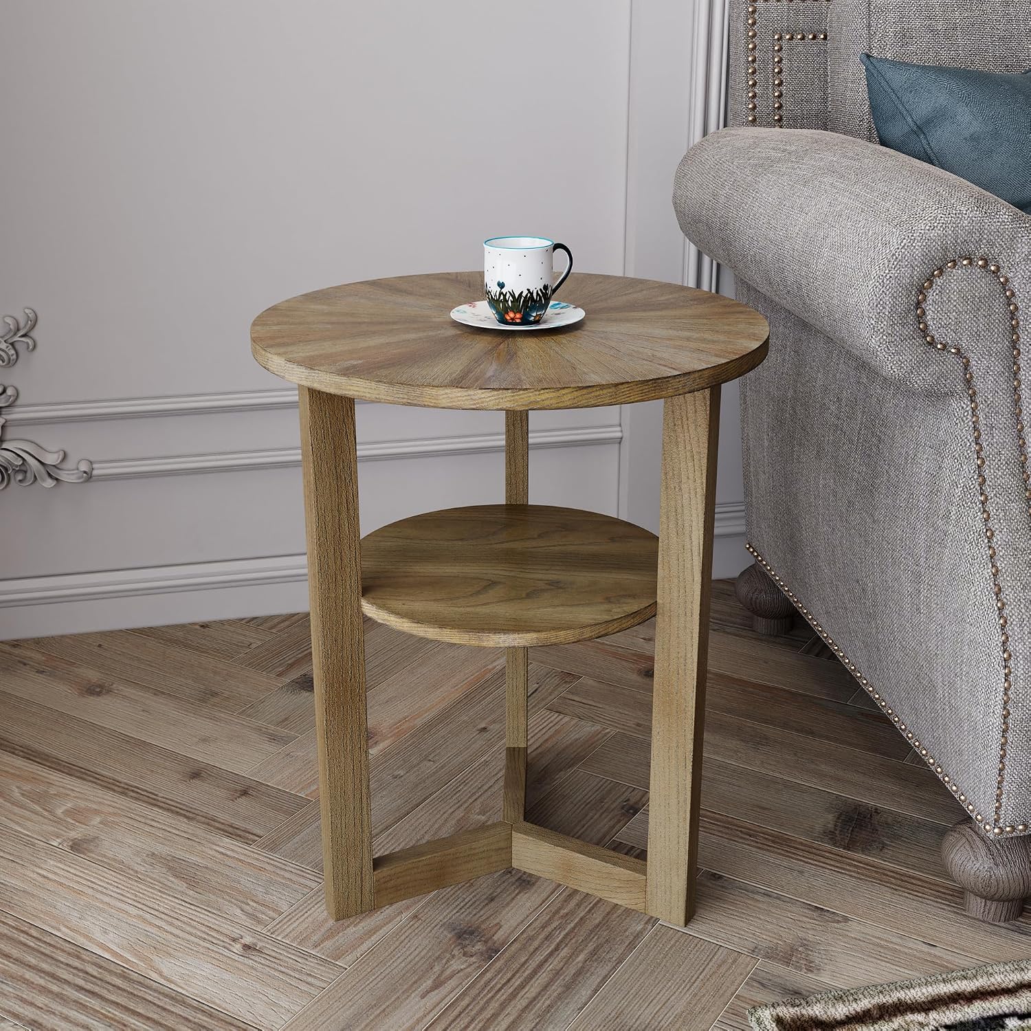 PADMA HOUSE 19.3' Round Wood End Table, 2-Tier Solid Wood Rounded Accent Side Table Circle Nightstand Table with Storage Shelf Vintage Furniture for Home Living Room Bedroom,Rustic Natural 3338