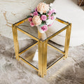 19.9'' Tempered Glass Side Tabel Square End for Living Room, 2-Tier Modern Accent Square Design, Transparent Mirror Tabletop & Metal Drum Base, Easy Assembly, Transparent & Gold