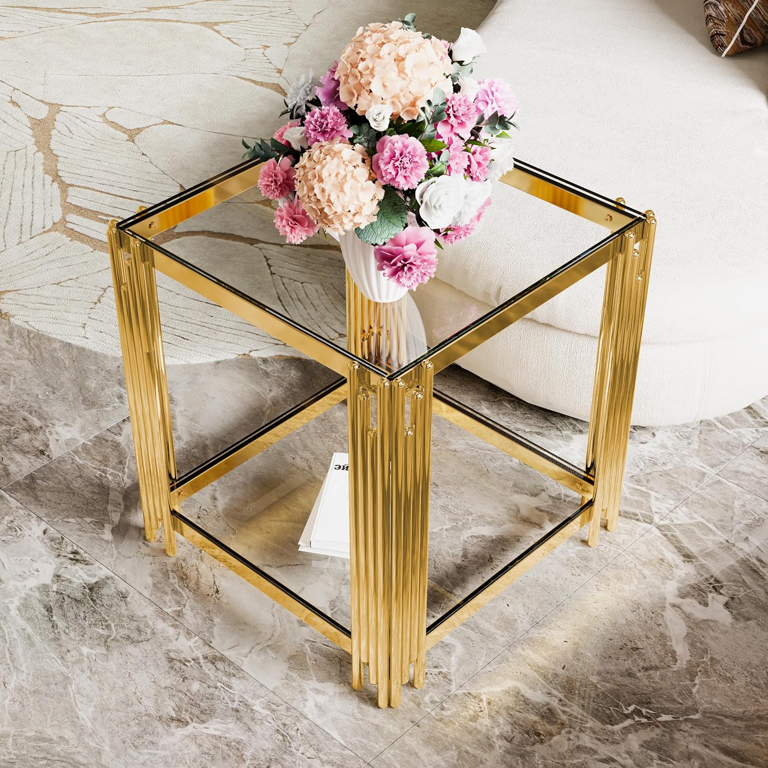 19.9'' Tempered Glass Side Tabel Square End for Living Room, 2-Tier Modern Accent Square Design, Transparent Mirror Tabletop & Metal Drum Base, Easy Assembly, Transparent & Gold