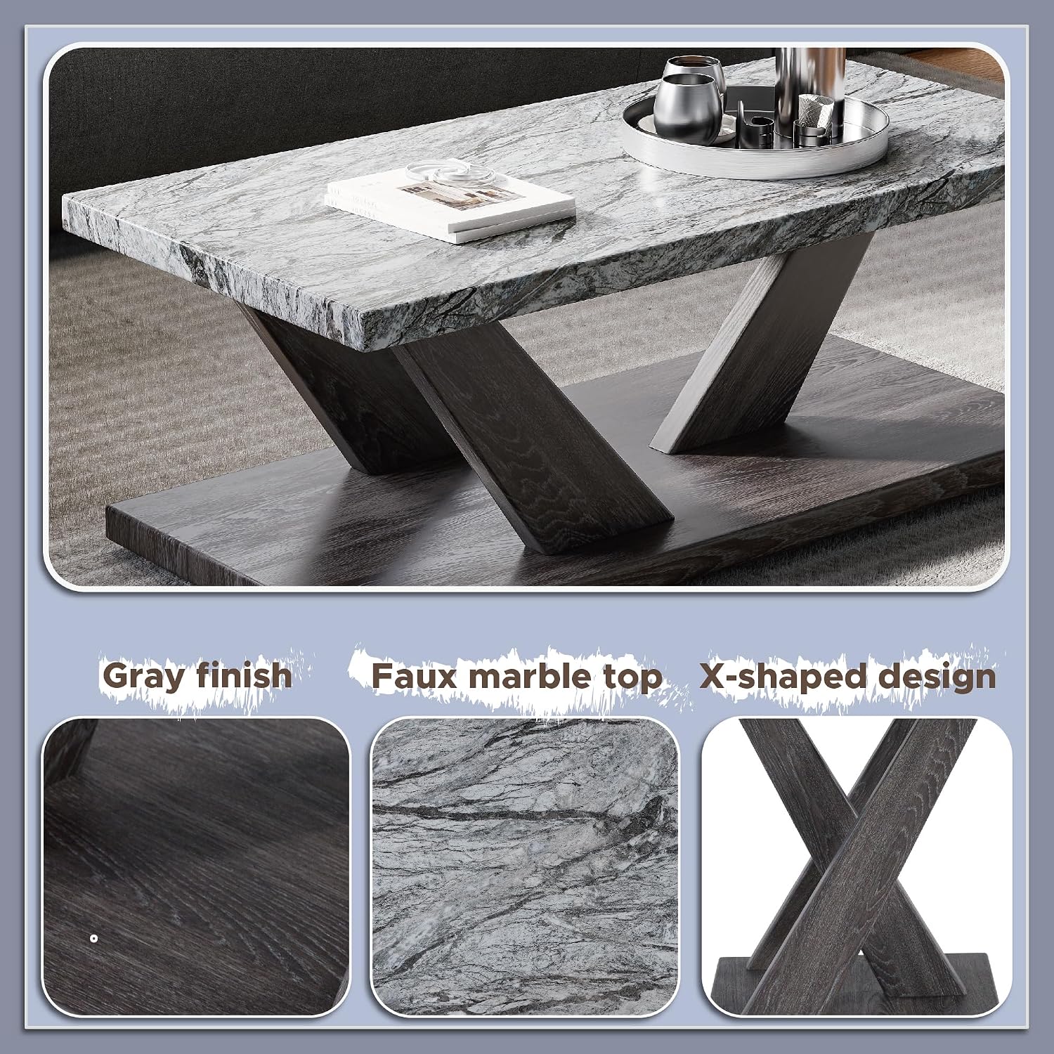Signature Design by Ashley Bensonale Contemporary Occasional Table Set with Faux Marble Top and Casters, Set of 3, Gray & Dark Brown