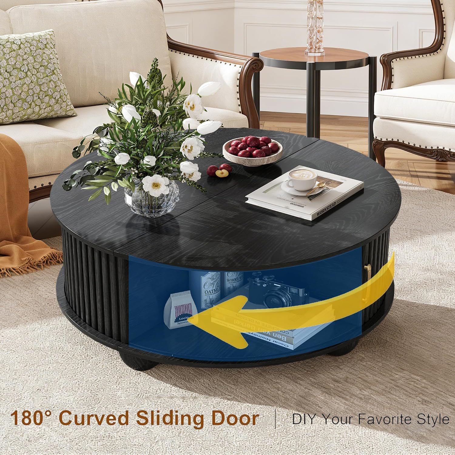 Round Coffee Table with Storage, Fluted Center Table with Sliding Tambour Door and Open Shelves, Mid Century Small Coffee Table for Living Room, Small Space, Black