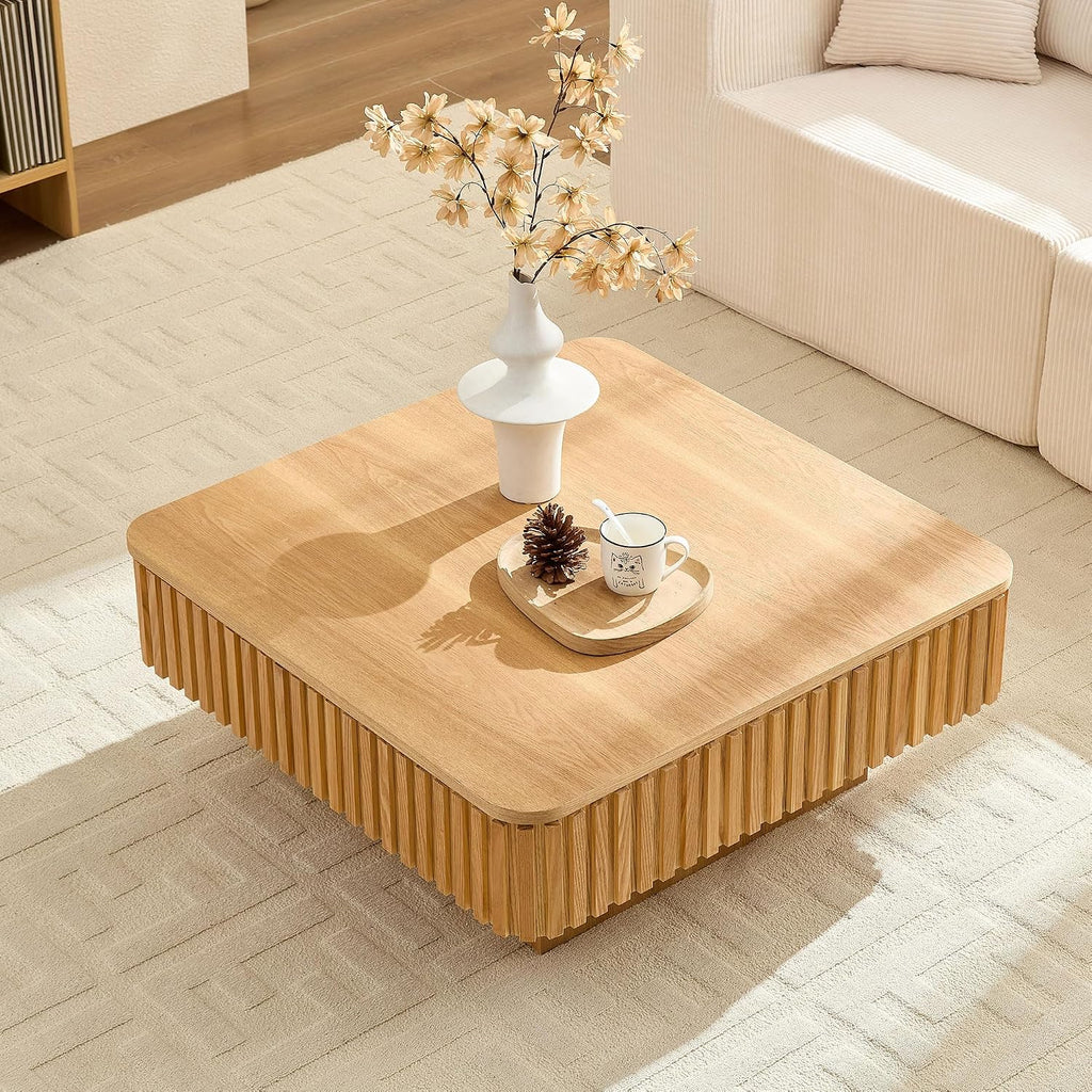 WILLIAMSPACE 35.43' Lift Top Coffee Table with Hidden Storage & Sturdy Base, Modern Luxury Square Wood Handcraft Drum Center Table Accent End Tea Table for Living Room, Minimalist Fluted Design, Oak