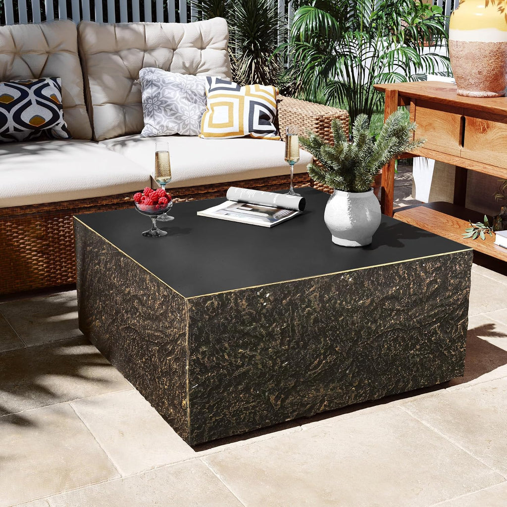 Patio Watcher 28' Modern Square Coffee Table, Light Concrete Textured Center Table for Living Room, Stone Accent Coffee Tea Table for Apartment, 28'×28'×13', No Assembly, Bronze