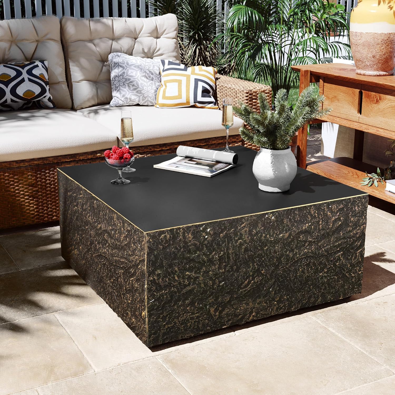 Patio Watcher 28' Modern Square Coffee Table, Light Concrete Textured Center Table for Living Room, Stone Accent Coffee Tea Table for Apartment, 28'×28'×13', No Assembly, Bronze