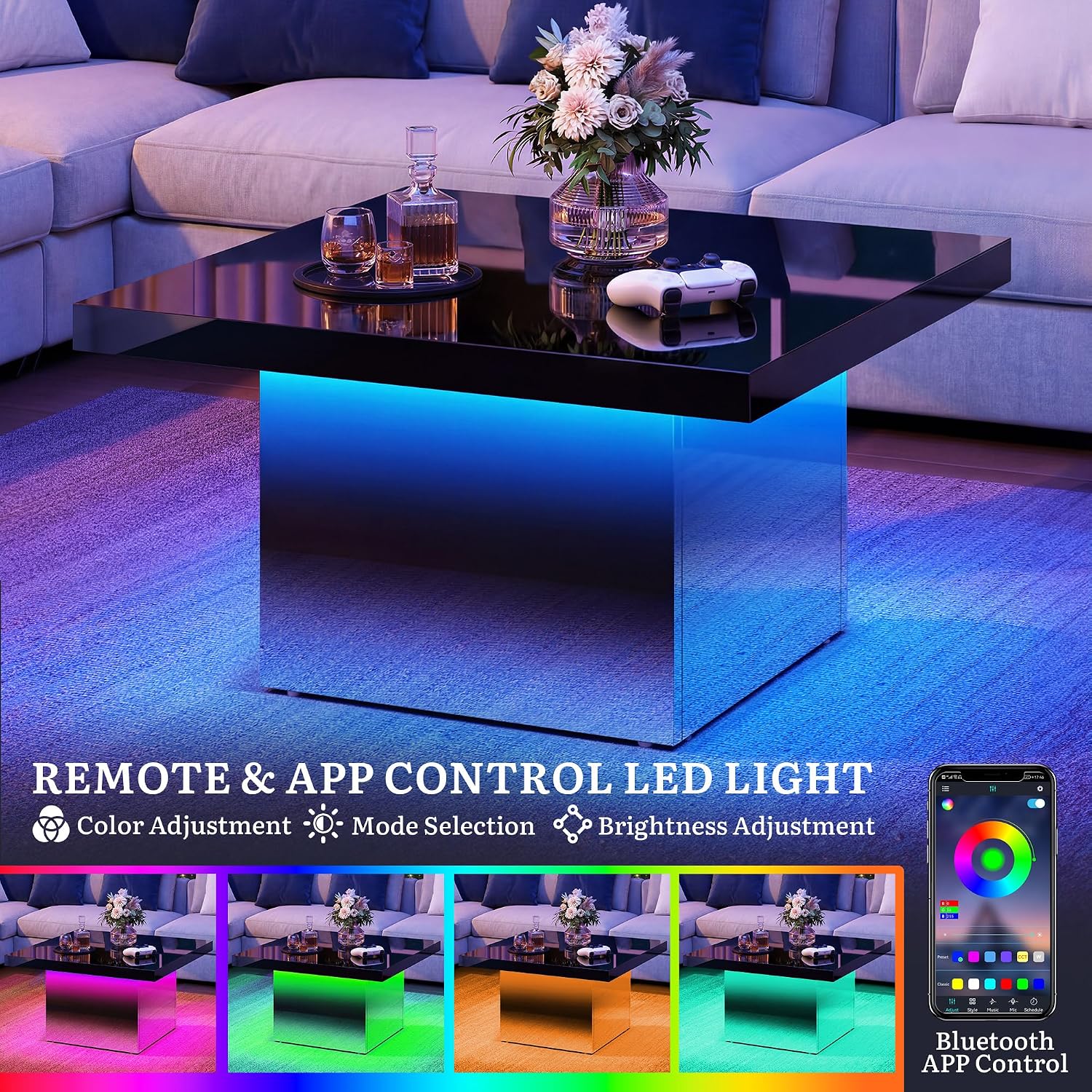 YITAHOME Square Coffee Table, Coffee Tables for Living Room with LED Lights, Modern Cocktail Coffee Table for Decor, Black