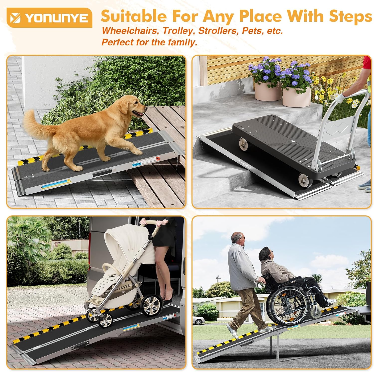 7FT Aluminum Wheelchair Ramp for 7' - 21' Steps – Folding, Non-Slip, 800lbs Capacity with Support Legs & Lock Portable Ramp for Home, Garage, Car, Pet, Stroller, Electric Scooter.
