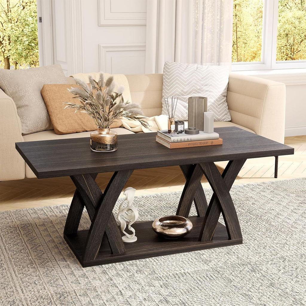 FROMJBEST Farmhouse Coffee Table with Shelf, Wood Coffee Table for Living Room, Open Display Area,47' Dark Brown