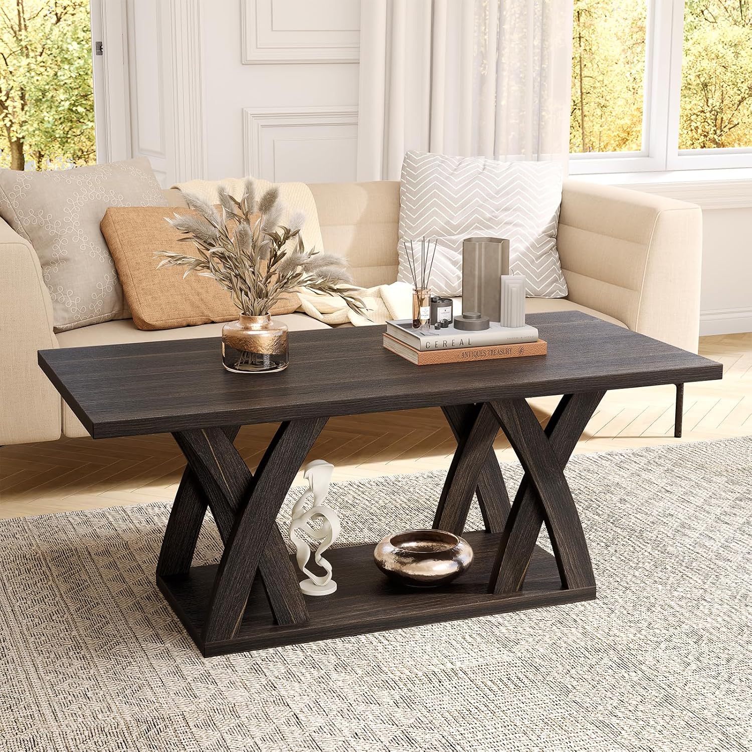 FROMJBEST Farmhouse Coffee Table with Shelf, Wood Coffee Table for Living Room, Open Display Area,47' Dark Brown