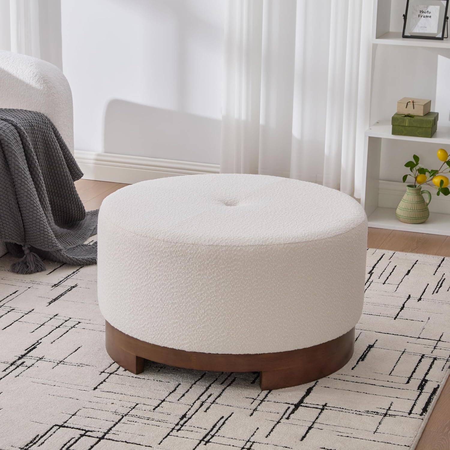Christopher Knight Home Monroe Boucle Upholstery Round Ottoman, Living Room Sofa Ottoman with Wood Frame, Accent Small Foot Stool, Round Coffee Table, No Assembly Needed, Beige + Dark Walnut