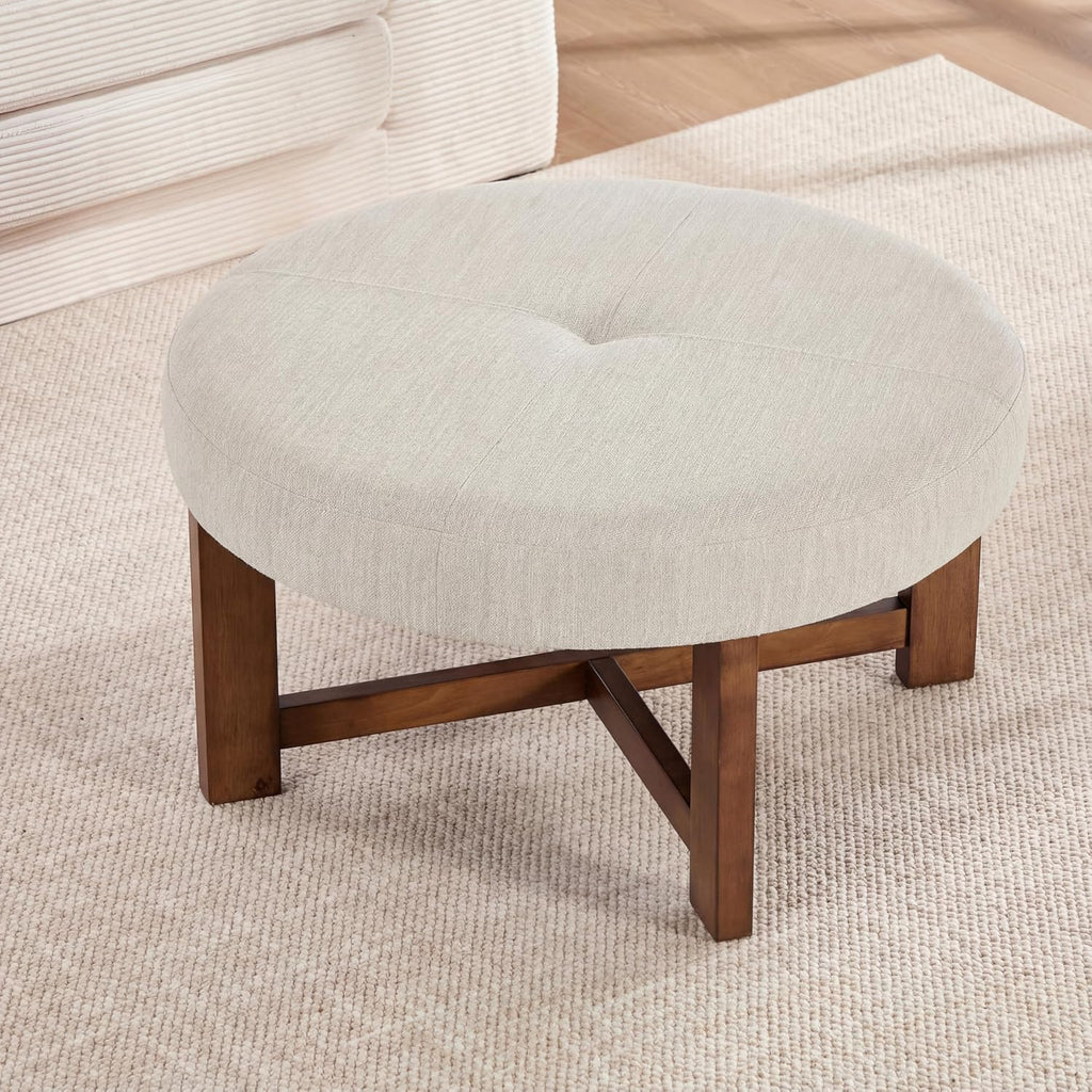 Christopher Knight Home Ladin Modern Round Ottoman Coffee Table, Fabric Upholstered Cocktail Ottoman for Living Room Sofa, Entryway Comfortable Footstool, Wooden Ottoman Foot Rest, Beige+Brown