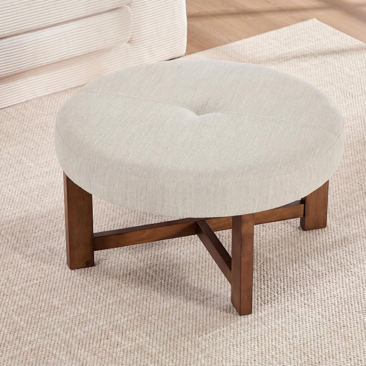 Christopher Knight Home Ladin Modern Round Ottoman Coffee Table, Fabric Upholstered Cocktail Ottoman for Living Room Sofa, Entryway Comfortable Footstool, Wooden Ottoman Foot Rest, Beige+Brown
