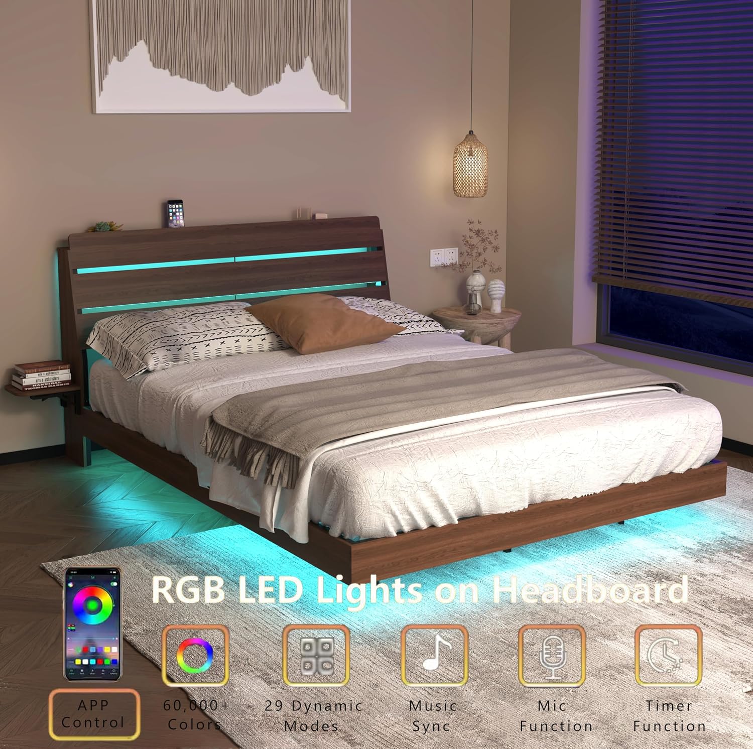 Floating Bed Frame Queen with LED Lights - Wooden Bed Frame with RGB Lighting & Charging Station for Modern Bedroom - Tech Enthusiasts Smart Home Furniture with Foldable Tabletops & App Contro