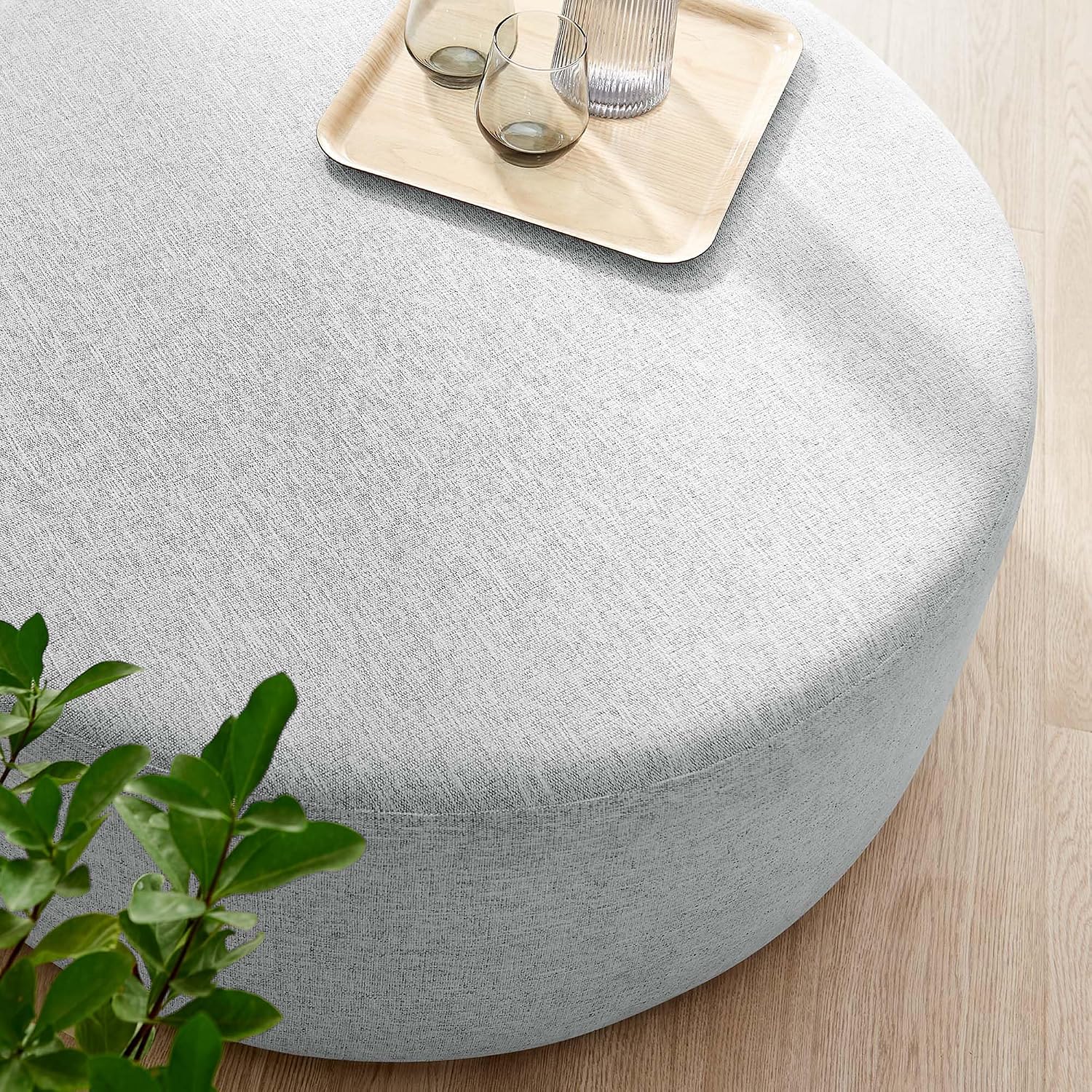 Modway Callum 38 Inch Round Ottoman in Heathered Weave Light Gray - Heathered Woven Fabric - Versatile Upholstered Coffee Table and Footrest - Couch Ottoman - Living Room Accent Table
