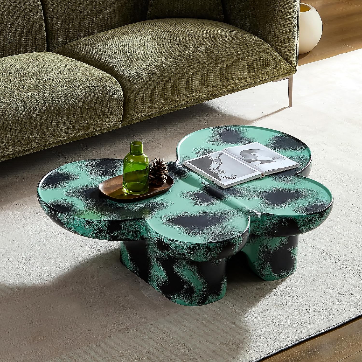 Large 47-inch Modern Glass Top Coffee Table, Mid-Century Green & Black Accent Table for Spacious Living Room, Lounge or Office (Green + Black)