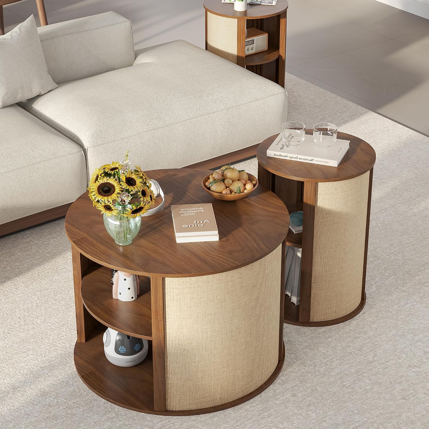 Walnut Round Coffee Table Set of 3, 2-Tier Boho Mid Century Modern Wooden Circle Center Coffee Table and End Table Sets with Adjustable Shelf, Sackcloth Finish, Farmhouse, for Living Room